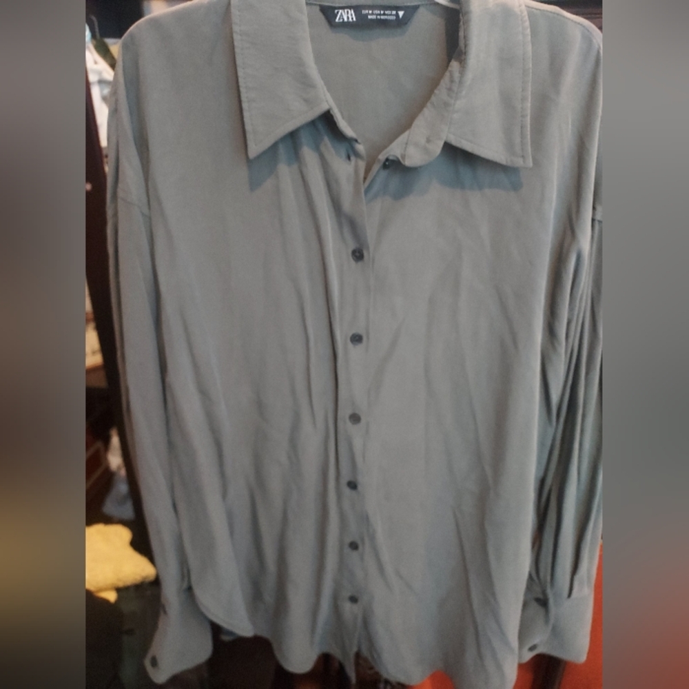Zara womans Casual Button Down in Gray Suede like